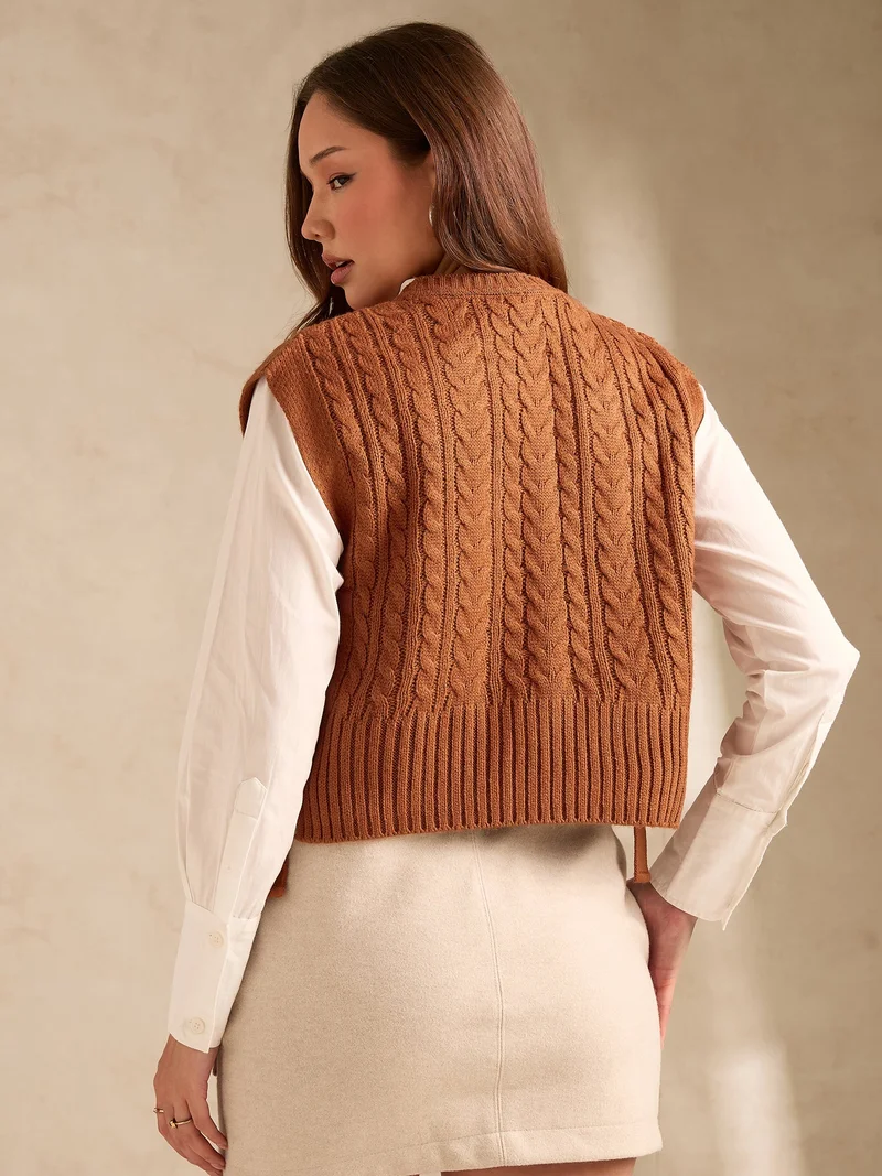 Outzidr Brown Rust Chunky Cable Knit Sweater for Women | Best Price UAE